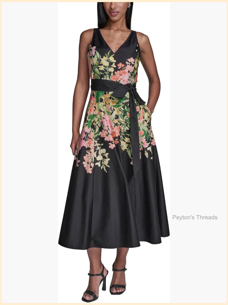Sleeveless V-Neck Cotton Sateen Midi Floral Dress A-Line